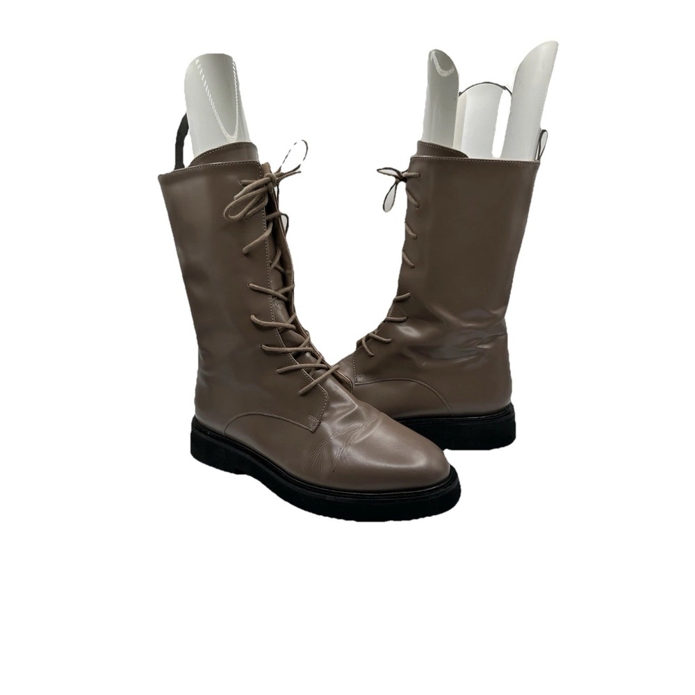 Anthropologie Pilcro Boots Stompy Genuine Patent Leather Lace Up Taupe 39 Combat - Picture 2 of 12